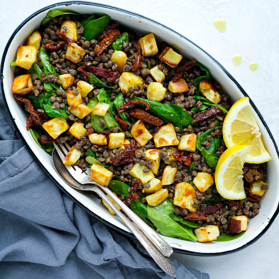 warm lentil salad with roasted sweet potatoes and sun-dried tomatoes
