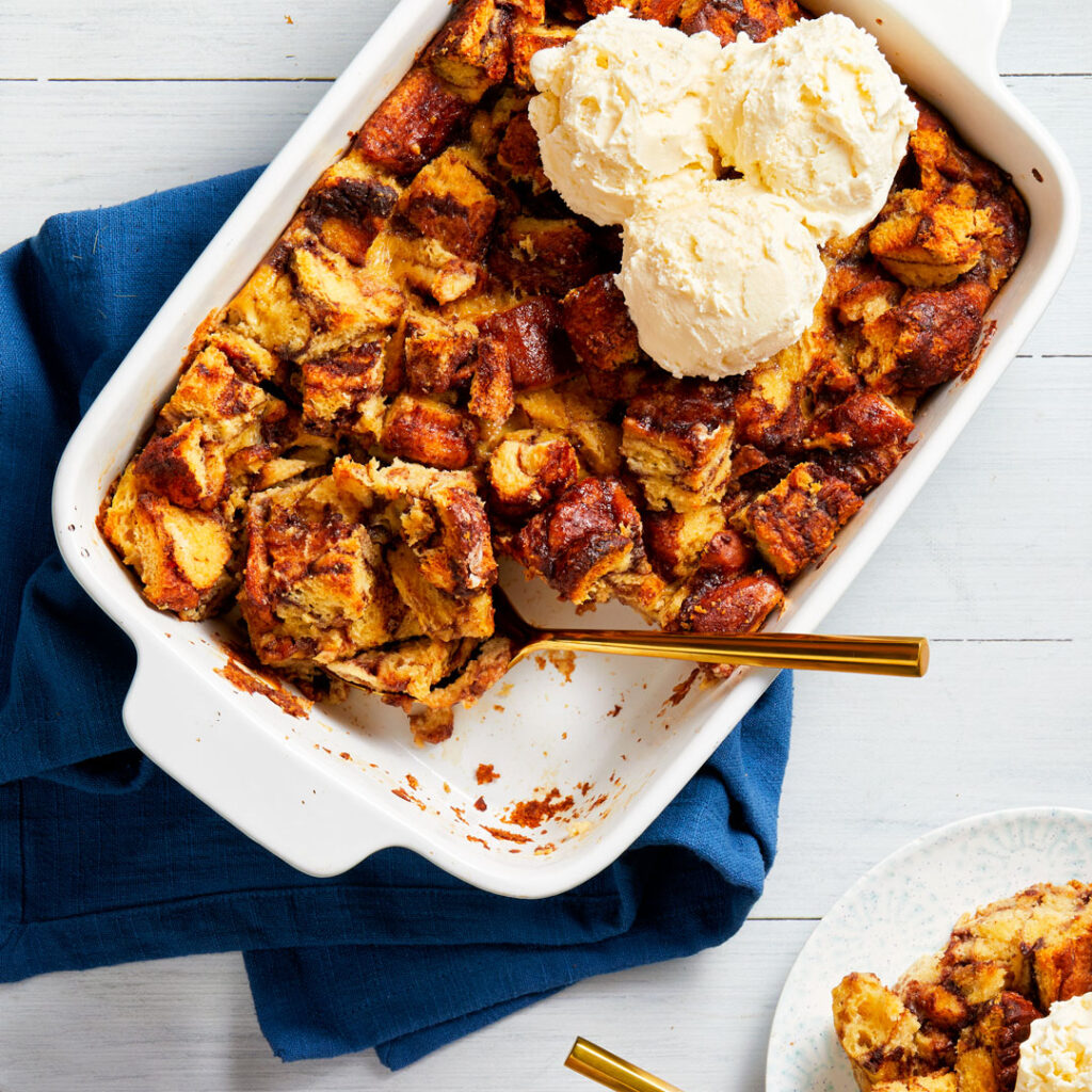 cinnamon bread pudding with bourbon perfect for a Mother's Day Brunch