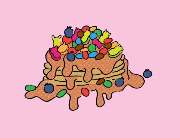 the pancake tower covered in candy