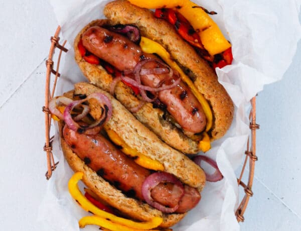 Grilled Bratwursts with Caramelized Onions and Peppers