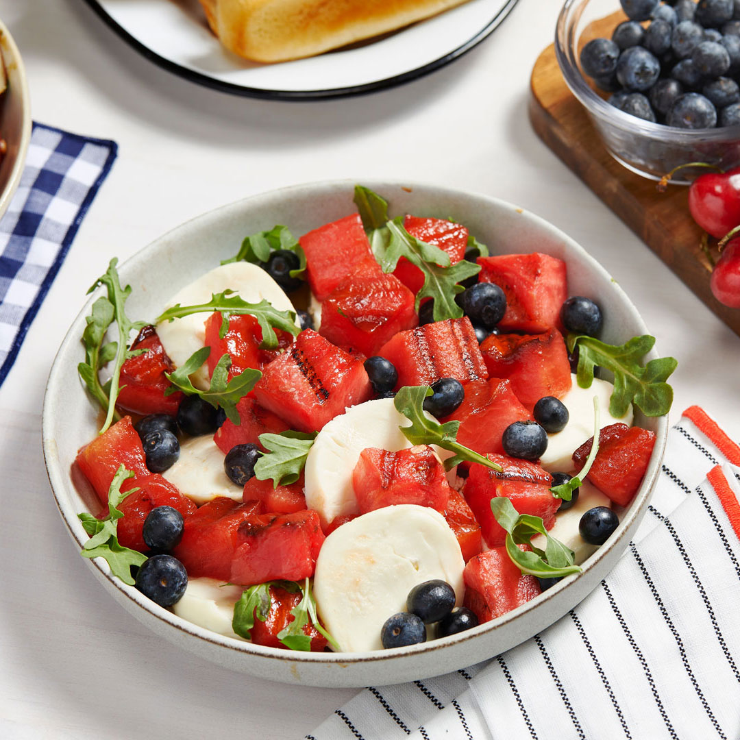 Grilled Watermelon, Blueberry and Mozzarella Salad