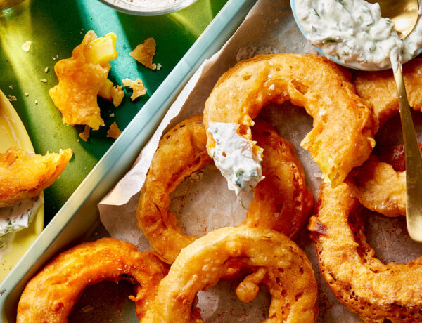 Beer Battered Delicata Squash Rings with Tzatziki