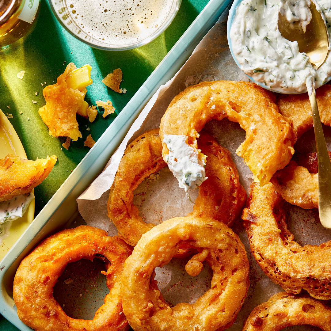 Beer Battered Delicata Squash Rings with Tzatziki