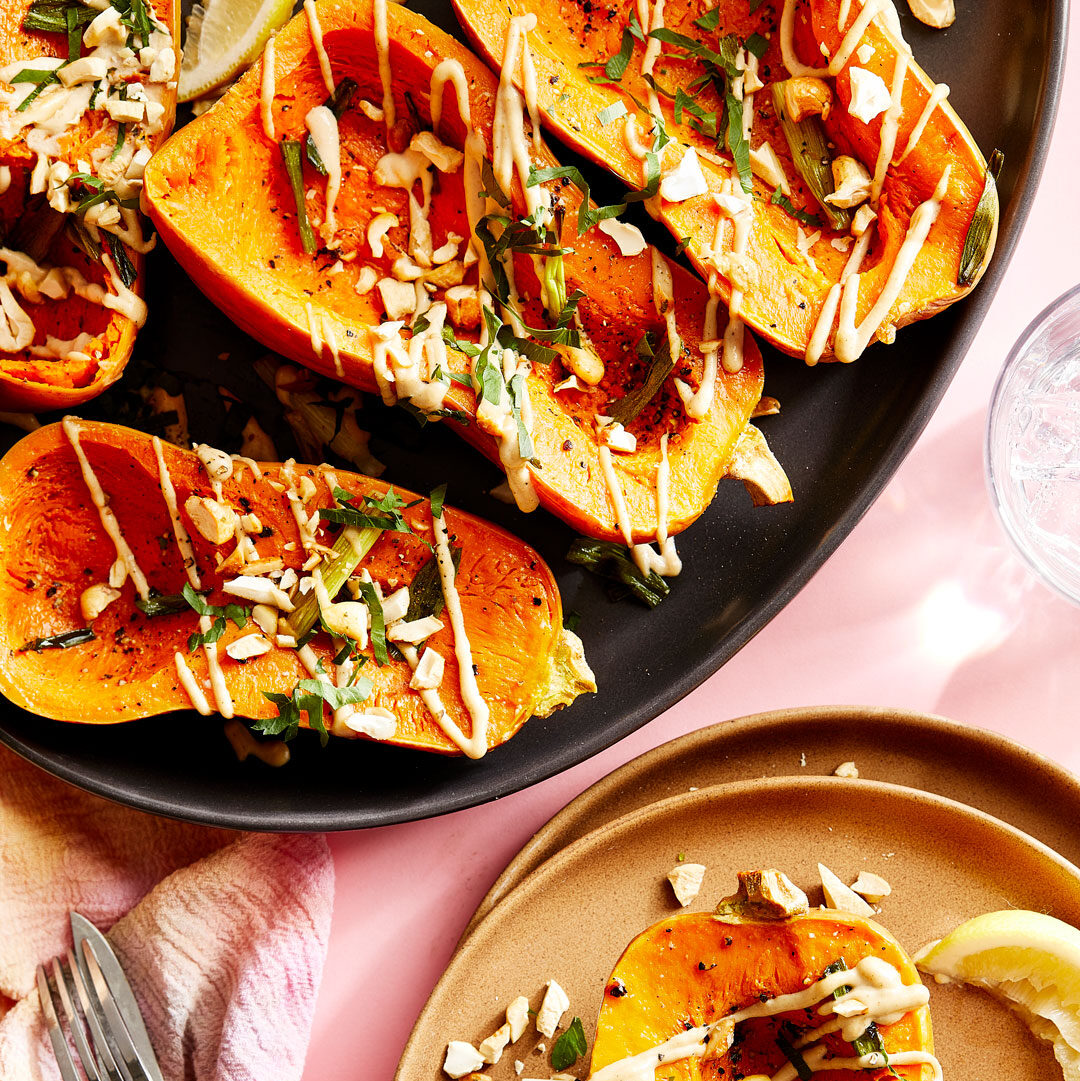 Roasted Honeynut Squash with Herby Cashews and Tahini Drizzle