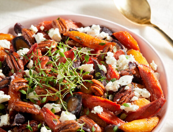 Roasted Rainbow Carrots with Goat Cheese and Quick Candied Pecans