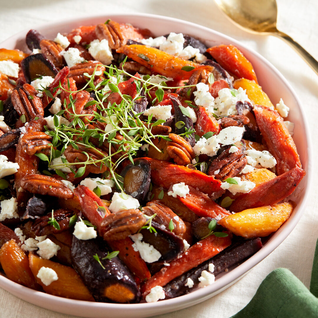 Roasted Rainbow Carrots with Goat Cheese and Quick Candied Pecans