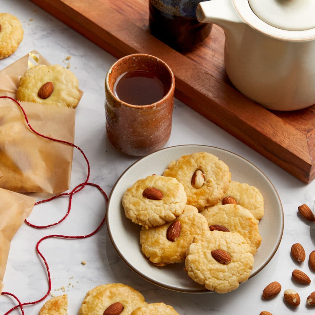 Chinese almond cookies with a cup of tea - Cookies from around the world