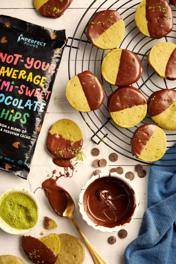 Chocolate-Dipped Matcha Shortbread Cookies with Imperfect Foods Not your average semi sweet chocolate chips